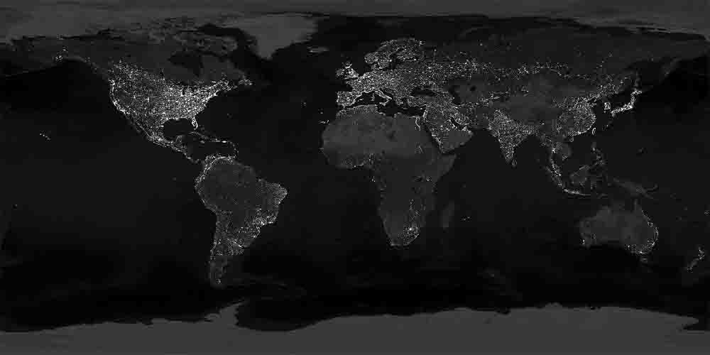 Монтаж на основе ночных космических снимков Земли, акцентирующий внимание на системе расселения