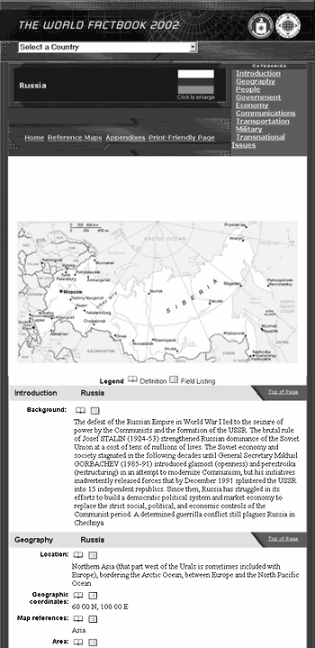 Верхняя часть страницы Российской Федерации во «Всемирном справочнике ЦРУ» за 2002 год