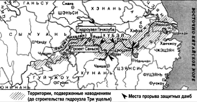 Схема расположения гидроузлов Гэчжоуба и Санься на Янцзы