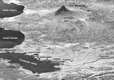 Радарное изображение Токийского залива и горы Фудзияма