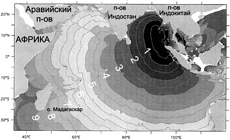 Время добегания первой волны цунами, вызванной землетрясением 26 декабря 2004 г.