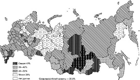 Рис. 6. Уровень бедности по регионам России, %, 2003 г.