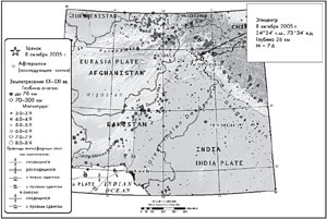 Зона высокой сейсмичности в районе схождения (конвергенции) Индийской и Евразиатской литосферных плит