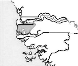 Ареал расселения народа диола (серый фон)