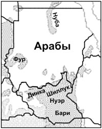 Районы проживания наиболее многочисленных народов Судана