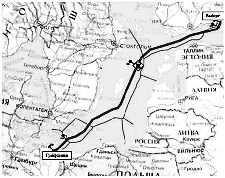 Трасса строящегося Северо-Европейского газопровода (Нордстрим — Северный поток; обозначена жирной линией) проходит через исключительные экономические зоны нескольких Балтийских стран (границы зон даны тонкими линиями)