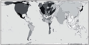 Рис. 3. Анаморфоза производства зерновых по странам мира с сайта www.worldmapper.org. Анаморфоза наглядно показывает сложившиеся в мире диспропорции в производстве продовольствия: в Европе, Южной, Восточной и Юго-Восточной Азии, а также в США зерновых производится много, и, как правило, эти страны не испытывают сложностей с самообеспечением. Другая ситуация в Африке (за исключением ЮАР, Египта, Марокко), Передней Азии, Южной Америке. Эти страны вынуждены импортировать зерновые, но не у всех на это есть деньги. Удел беднейших — хронический голод. Россия и Канада предстают на этой анаморфозе одинаково искаженными и растянутыми, но население Канады чуть более 30 млн человек, поэтому она один из крупнейших в мире экспортеров пшеницы.